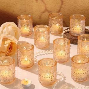 12Pcs Glass Votive Candle Holders, Gold Tea Light Candle Holders Vintage Fall Tealight Candle Holder Bulk for Autumn, Thanksgiving Table Centerpieces, Christmas Decor (Gold)