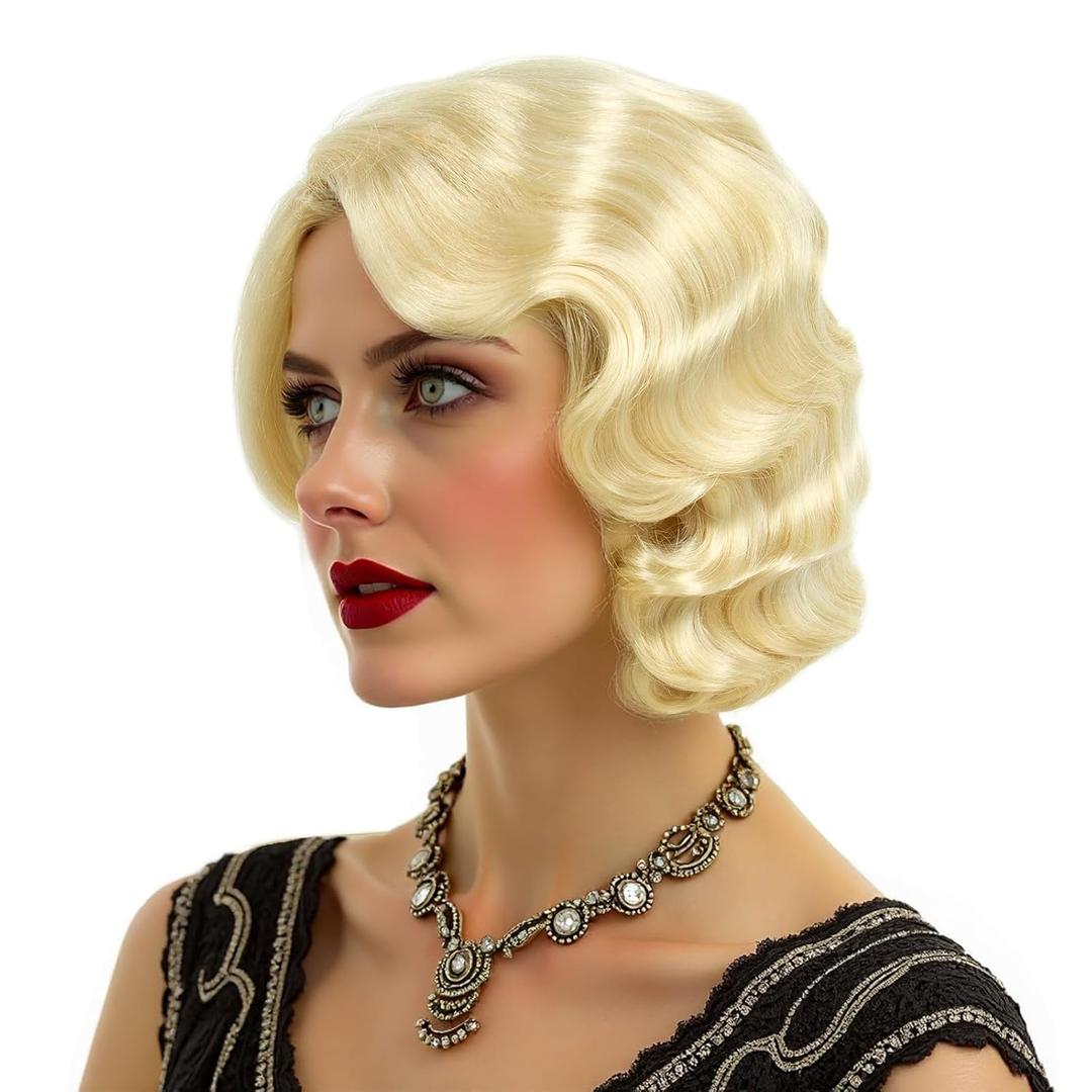Short Blonde 1920s Wig for Women Gatsby roaring 20s Finger Wave Party Synthetic Full Vintage Wigs for Womens Lady Cosplay Costume Fancy Dress 1920 Flapper Wig