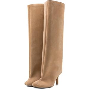 Women's Knee High Suede Boots for Women Wide Calf Square Toe Stiletto Heels Tall Boots Pull On High Heel Long Booties (10.5, Beige)