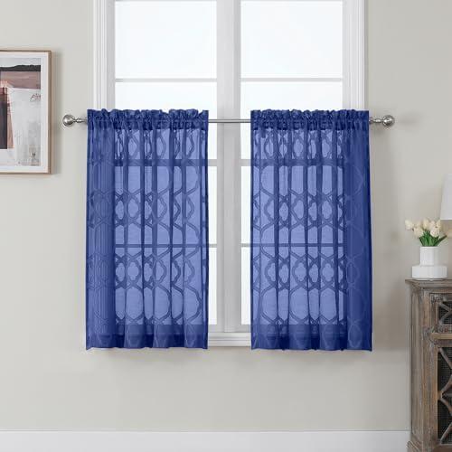 OWENIE Sheer Dusty Blue Curtains 36 Inch Length 2 Panels Set, Short Tier Curtains for Small Window, Light Filtering Geometric Jacquard Textured Semi Sheer Curtains for Kitchen Bathroom, 42x36 inch
