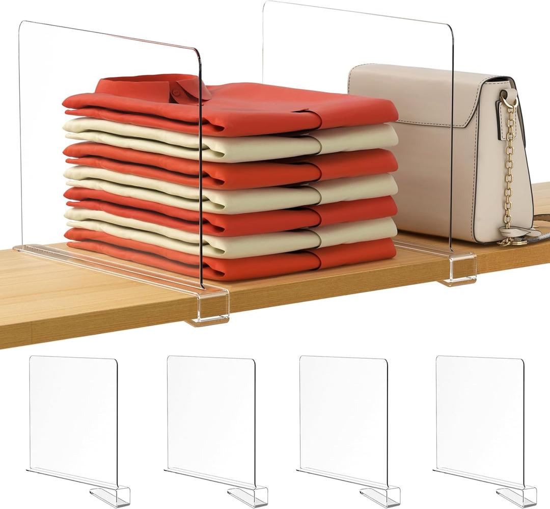 HBlife 12 Inches Tall [Extra Tall Version] Clear Shelf Dividers, 4 Pack Purse Organizer for Closet Perfect for Sweater, Shirts, Handbags in Bedroom and Kitchen, Acrylic Bookshelf for Organization