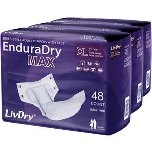 LivDry EnduraDry Max XL Adult Diapers with Tabs, Up to 12-Hours, Super Absorbent Incontinence Underwear, Leak Protection Briefs, Extra Large, 48-Pack