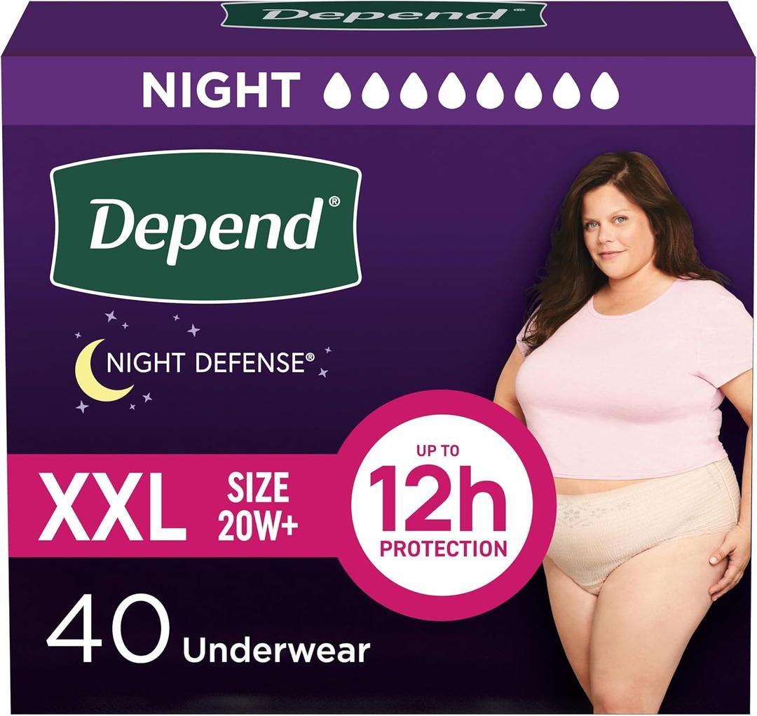 Depend Night Defense Adult Diapers, Incontinence & Postpartum Bladder Leak Underwear for Women, Disposable, Overnight, Extra-Extra-Large, Blush, 40 Count (4 Packs of 10), Packaging May Vary