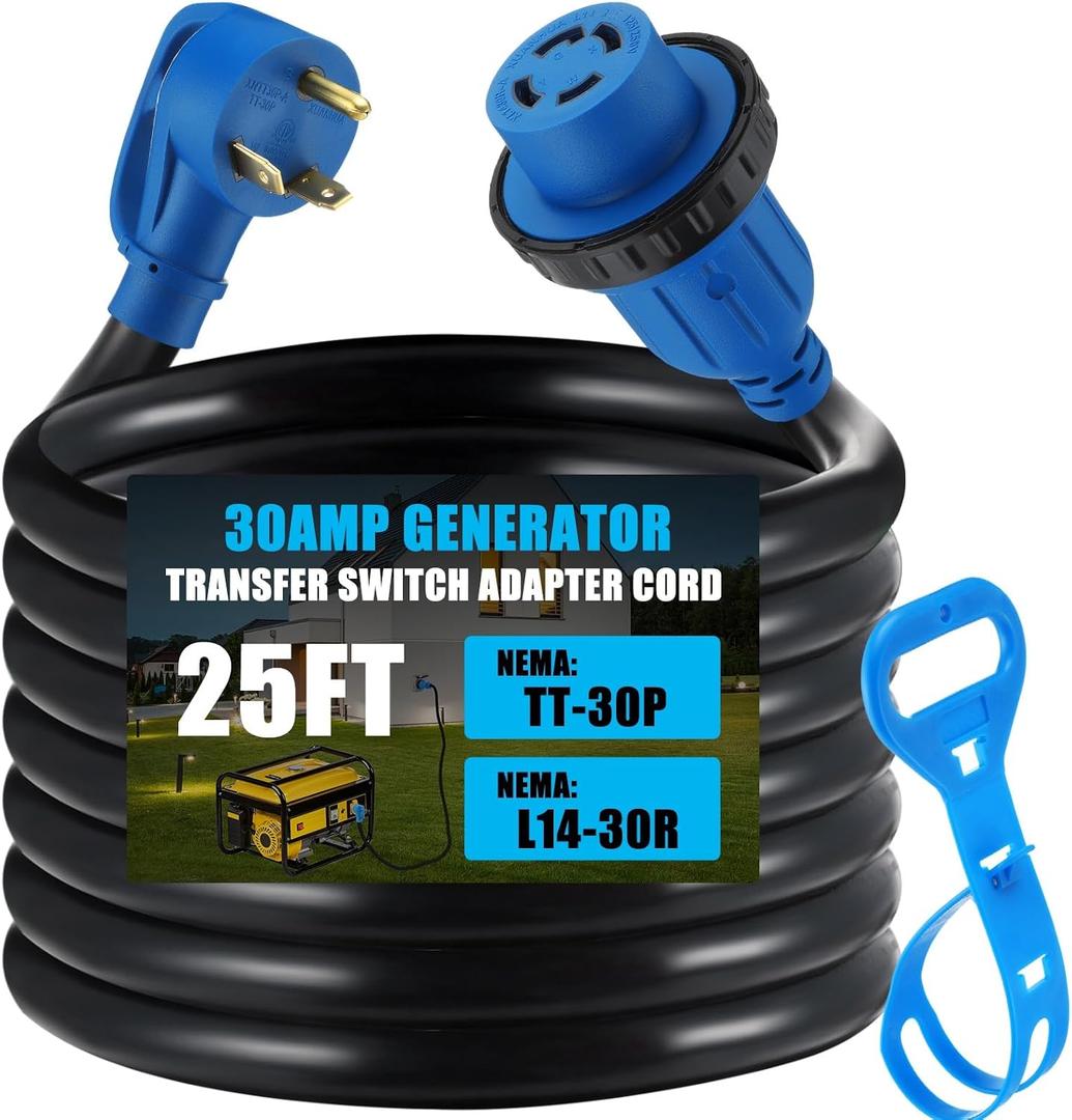 Tellegloww 25 ft TT-30P to L14-30R Generator Transfer Switch Adapter Cord, 30 Amp TT-30P Male to L14-30R Female with Locking Ring Generator to House Inlet Box Adapter, STW 10 AWG, ETL Listed