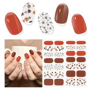 Semi Cured Gel Nail Strips (Maple Leaf), 28 pcs Fall Gel Nail Stickers Work with Any UV Lamp, Long Lasting Nails Wraps for Women, Pink