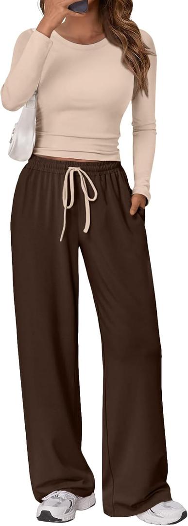 Trendy Queen Women's 2 Piece Matching Lounge Set Long Sleeve Side Ruching Top Wide Leg Drawstring Pants Set with Pockets (Medium, Beige, Coffee)