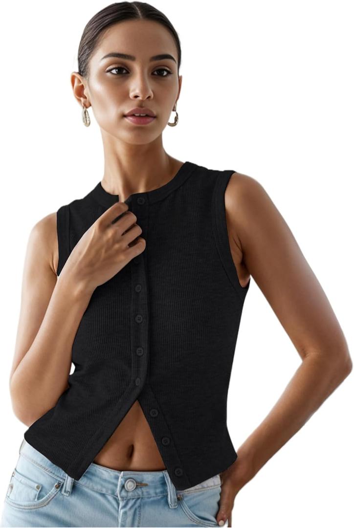 Womens Button Down Tank Tops Ribbed Summer Vest Button Up Open Front Sleeveless Slim Fit Crop Going Out Tops (X-Large, #1 Black)