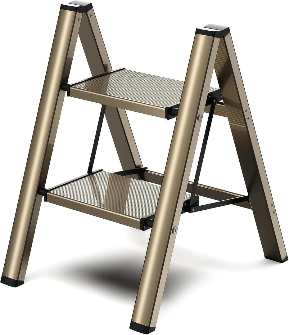 2 Step Ladder, Foldable Aluminum Step Stool with Anti-Slip Pedal