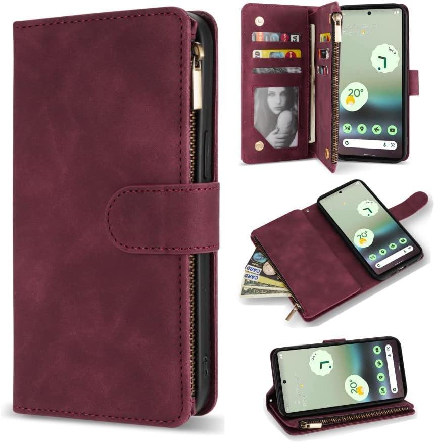 ZZXX for Google Pixel 6A Case Wallet with RFID Blocking Card Slot Premium Soft PU Leather Zipper Flip Folio with Wrist Strap Kickstand Protective Cover for Pixel 6A Wallet Case(6.1 inch Wine Red)