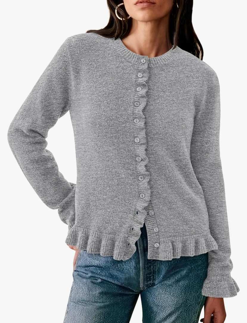 PRETTYGARDEN Womens Fall Button Down Cardigans Chunky Knit Ruffle Open Front Cropped Cardigan Sweaters Soft Long Sleeve Tops,  Size Medium