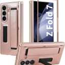 for Samsung Galaxy Z Fold 7 Slim Case with Wrist Strap & Multi-Angle Stand, Built-in Hinge & Screen Protector Shockproof Full Body Drop Fall Protection - Gold