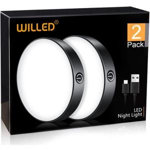 WILLED Tap Light Rechargeable, 6000K Dimmable Touch Light Buit-in 1000mAh Large Battery, Stick on Closet Light, Portable LED Puck Night Lights for Cabinet, Wardrobe, Counter, Kitchen, Bedroom (2 Pack) (Pure White 6000K, Black)