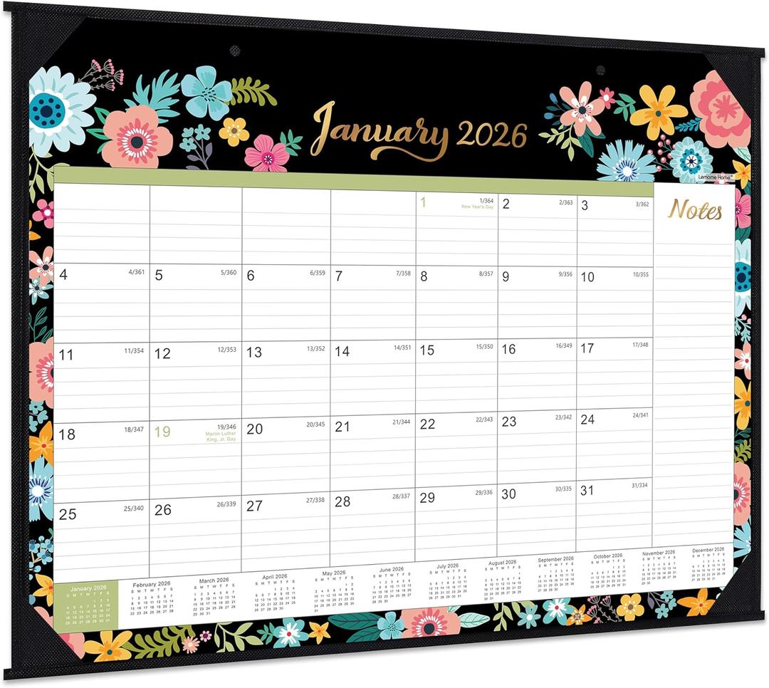 2026 Desk Calendar - Large Desk Calendar 2026, Jan. 2026 - Dec. 2026, 22" x 17", 12 Months, Corner Protectors - Black Floral