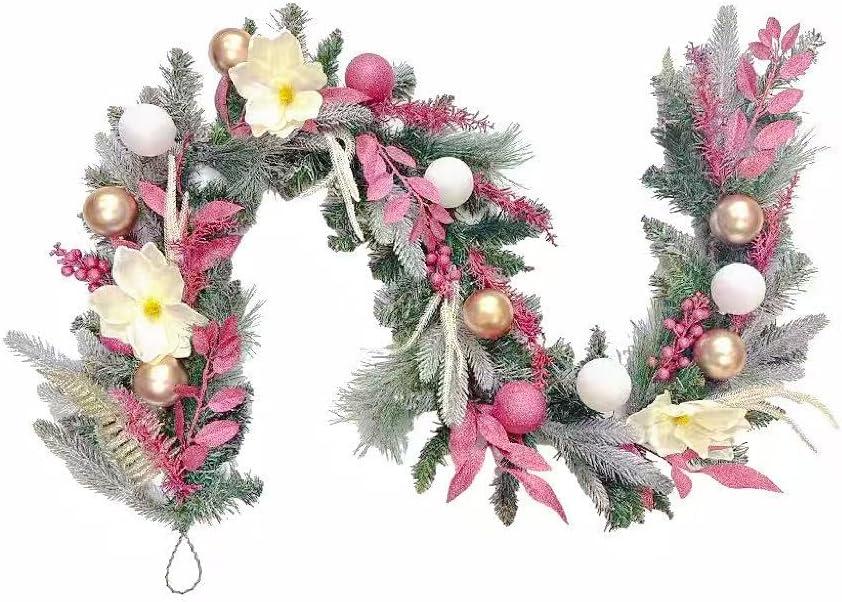 20 inch Pink Christmas Garland for Front Door, Artificial Cedar with White Magnolia Flowers Paired with Pink Berry Balls for Window Wall Porch Indoor and Outdoor Home Decorations