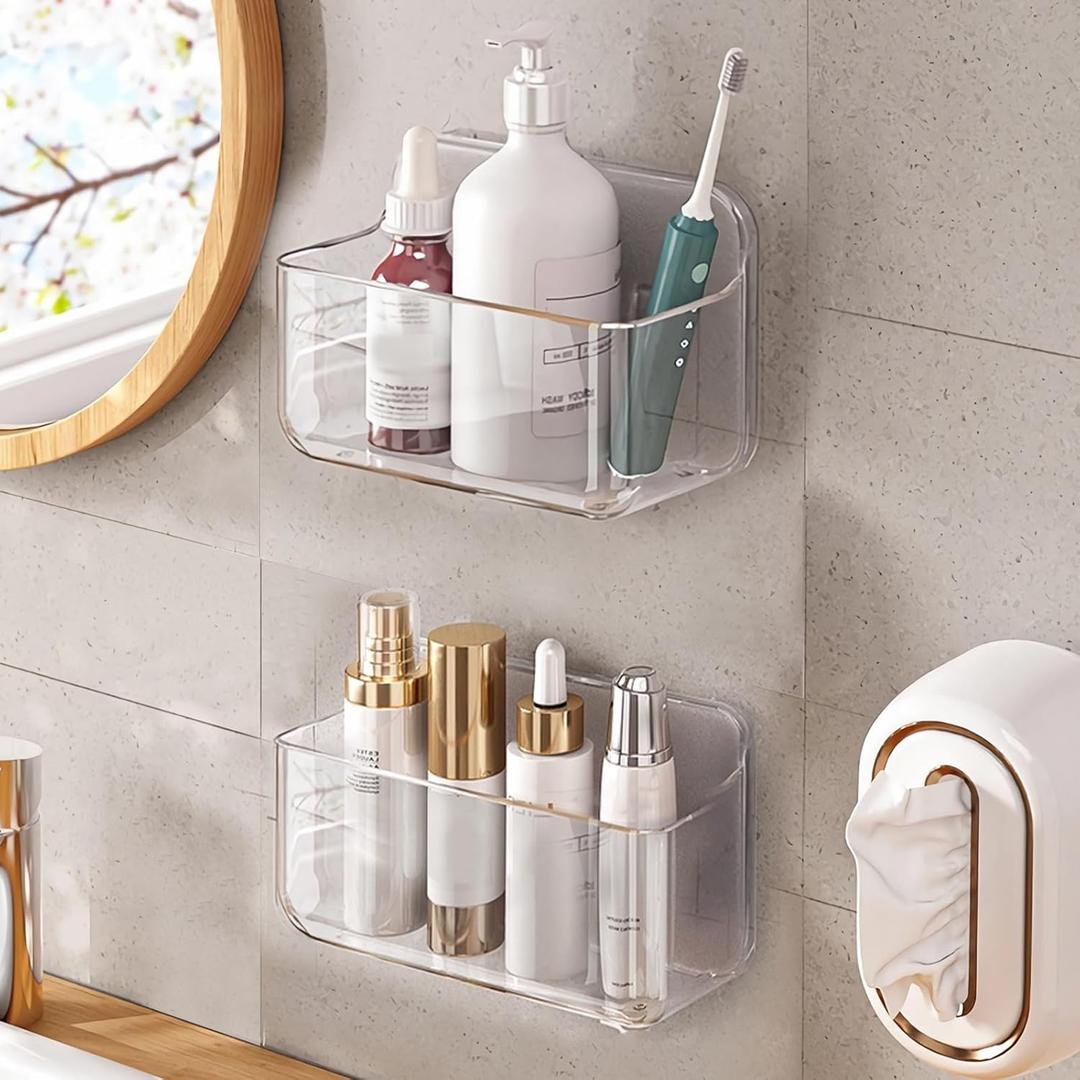 2pc Acrylic Wall Mount Organizer, Adhesive Clear Cabinet Door Organizer,Acrylic Shelves for Wall,No Drilling Hang Walls,with Self Adhesive Tape, for Bathroom, Kitchen, Living Room (Transparent)