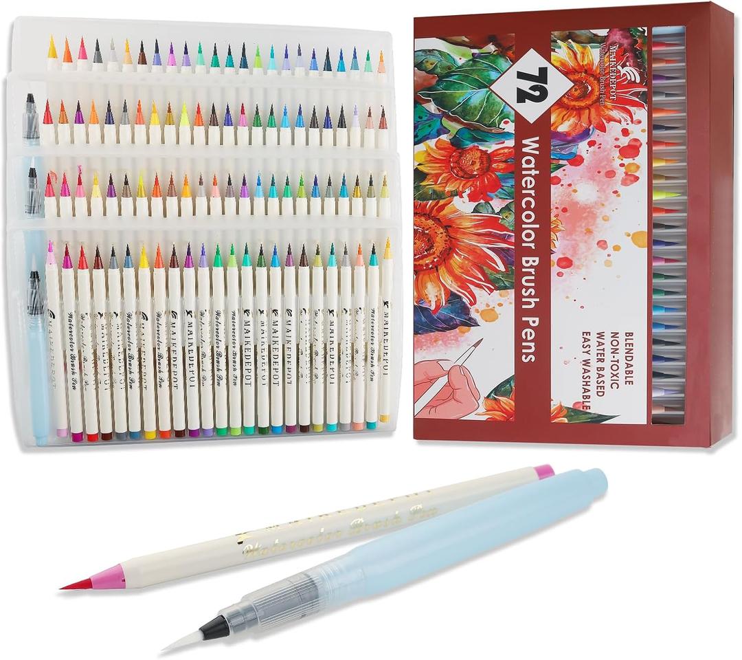 72 Pack Watercolor Markers, Dual Tip Water Brush Pens with 3 Free Water Blending Brushes, Water Based Art Markers for Adult Coloring, Calligraphy, Sketching, Bullet Journaling Drawing