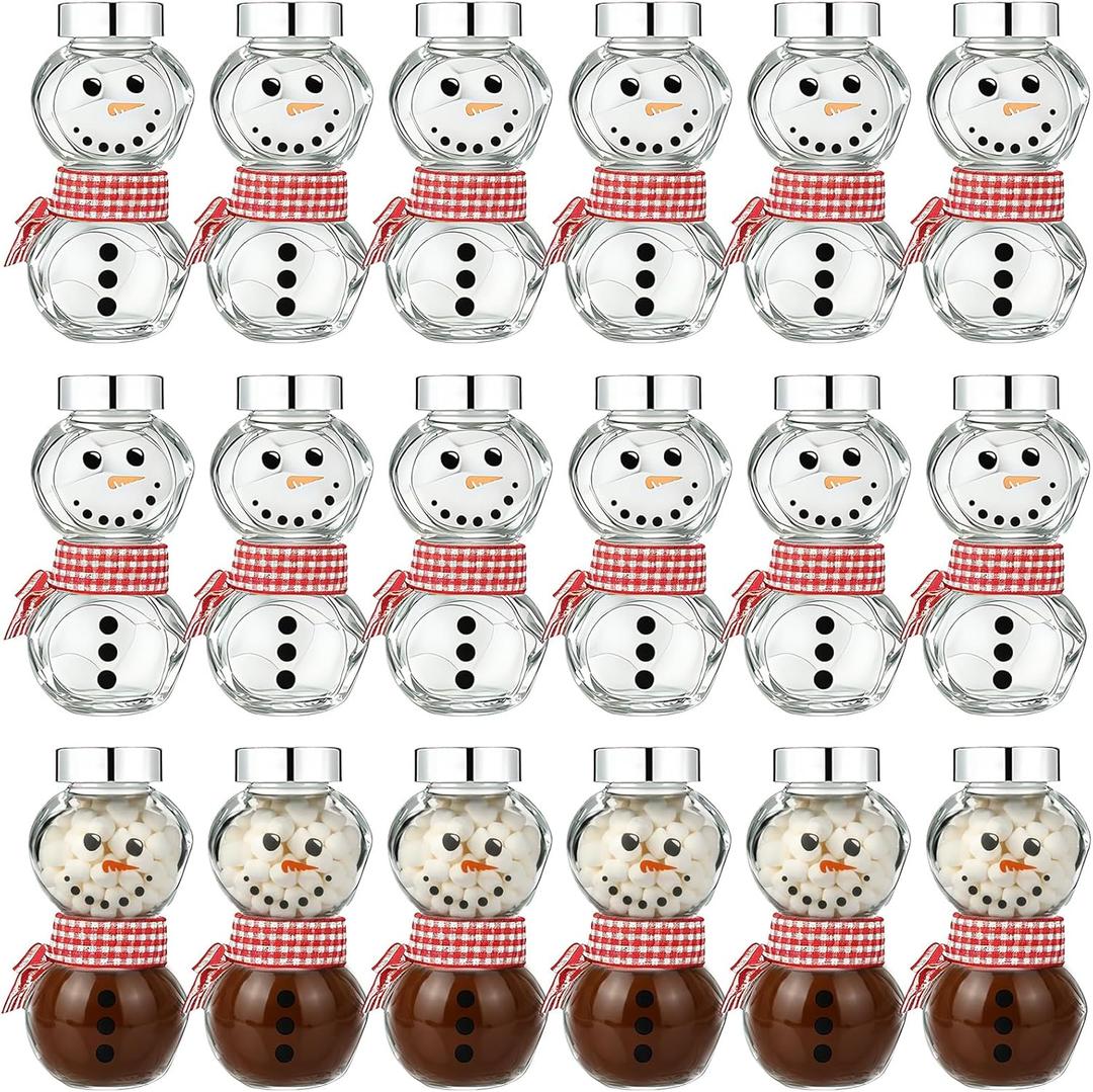 Vesici 24 Pcs Christmas Hot Chocolate Bar Supplies 1.69 oz Snowman Mini Glass Jars Small Christmas Candy Jar with Silver Lids Stickers Red Bow Plaid Ribbon for Xmas Gifts Holiday Party Favors