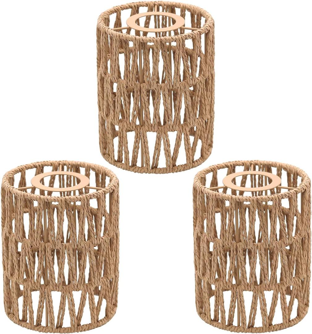 3-Pack Boho Rattan Lamp Shades,5.9" H x 4.7" D Woven Small Shade Replacement, 3-Tier 1.62in Fitter Farmhouse Pendant Light Cover for Chandelier Floor Wall Lamp(Brown)