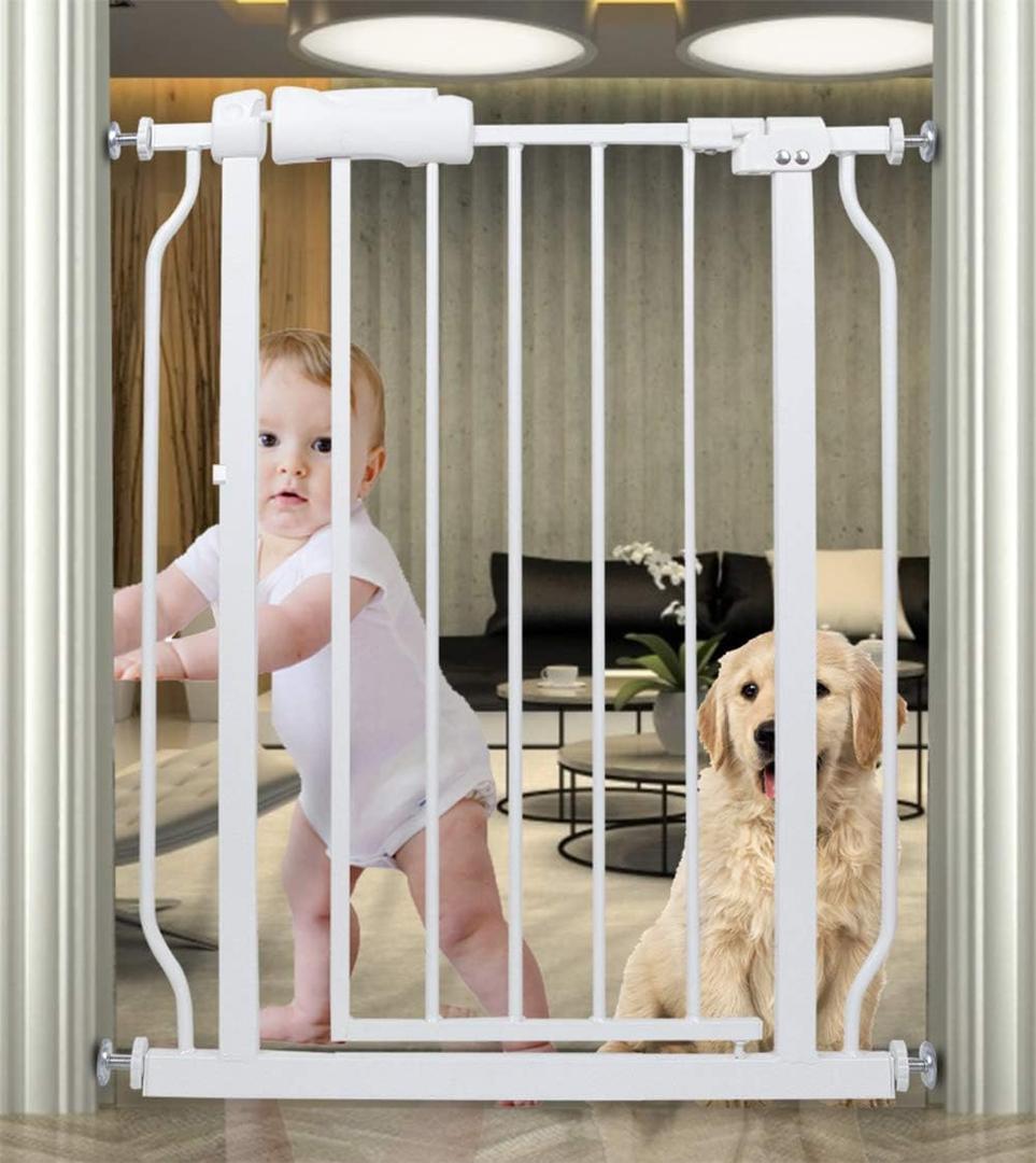 Small Narrow Baby Gate for Stairs Doorways Hallways 24 Inch to 29 Inch Wide Pressure Mounted Baby Gate Walk Through Child Gates for Kids or Pets Indoor Safety Gates (White)