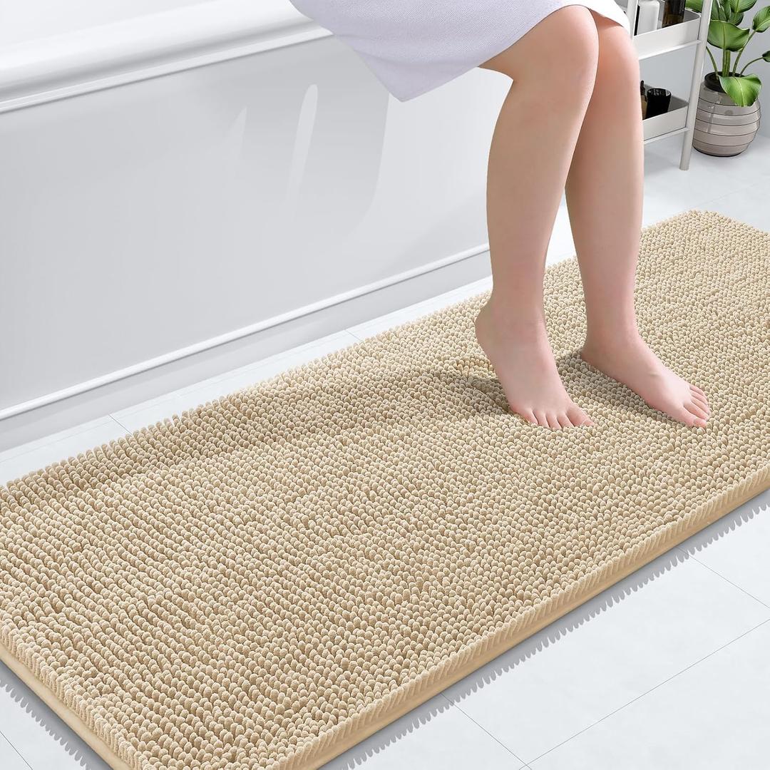 OLANLY Bathroom Runner Rugs 59x24, Extra Soft Absorbent Chenille Bath Rugs, Rubber Backing Quick Dry, Machine Washable Long Bath Mats for Bathroom Floor, Tub and Shower, Home Decor Accessories, Beige
