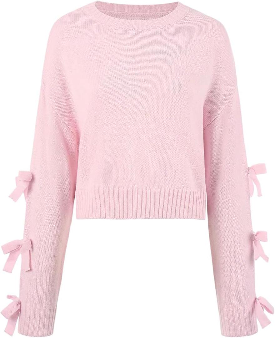 GORGLITTER Women's Bow Sweater Casual Crew Neck Knit Long Sleeve Fall Oversized Pullover Tops Winter Trendy Outfits (Pink, L)