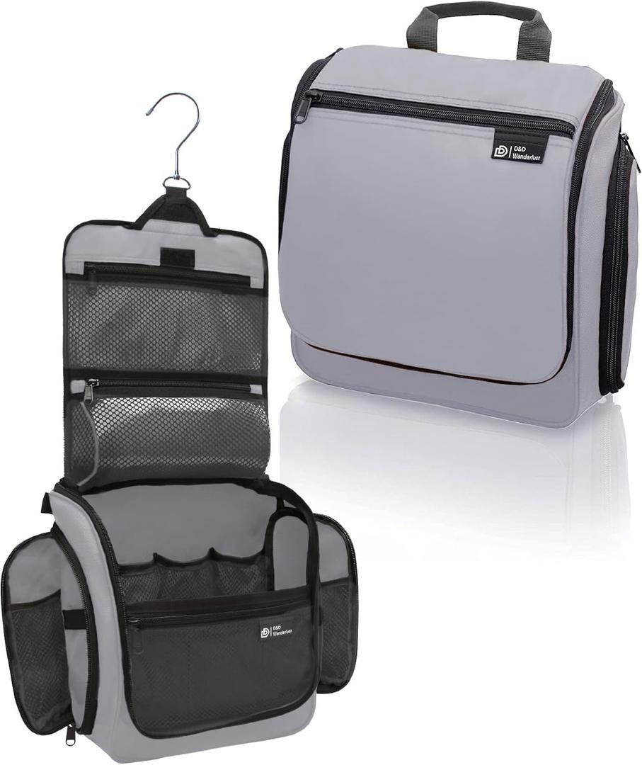 D&D Wanderlust D&D Hanging Travel Toiletry Bag for Men and Women  Cosmetics, Makeup and Toiletries Organizer Kit with 10 Compartments (Light Gray Medium)