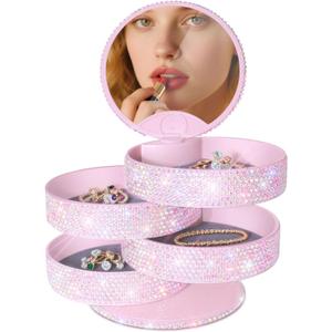 Leuhiove Bling Jewelry Organizer, Glitter Small Jewelry Storage Box Earring Holder for Women, 5-Layer Rotating Travel Jewelry Tray Case for Rings Bracelets, Shiny Gift for Women Teen Girls (Pink)