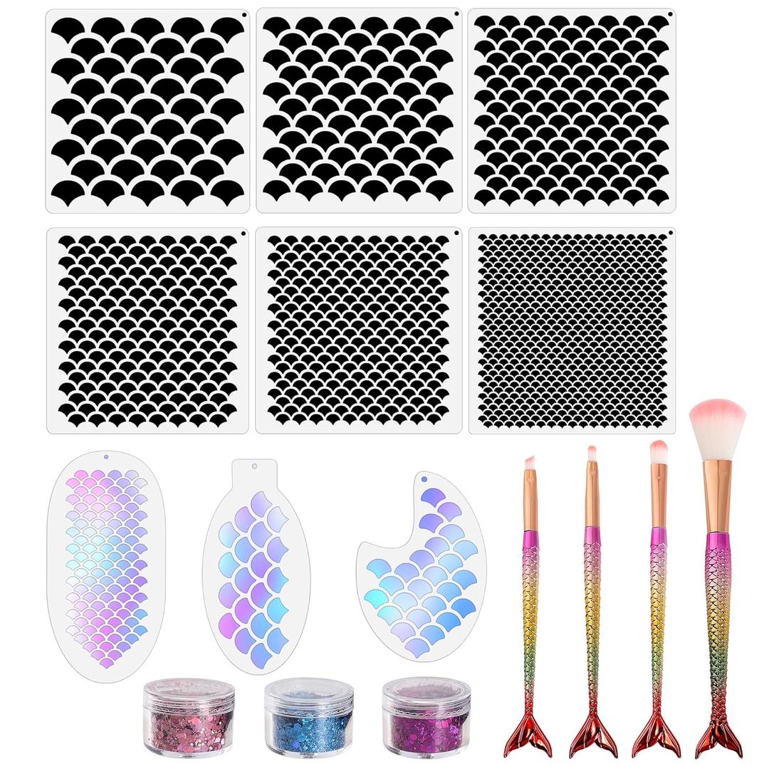 Mermaid Scale Stencil Set 9 Pieces Reusable Mermaid Face Makeup Stencils Fish Scale Templates, 3 Bottles Glitter and 4 Pcs Eye Makeup Brushes - Women Girl Cute Make Up DIY Tool Set
