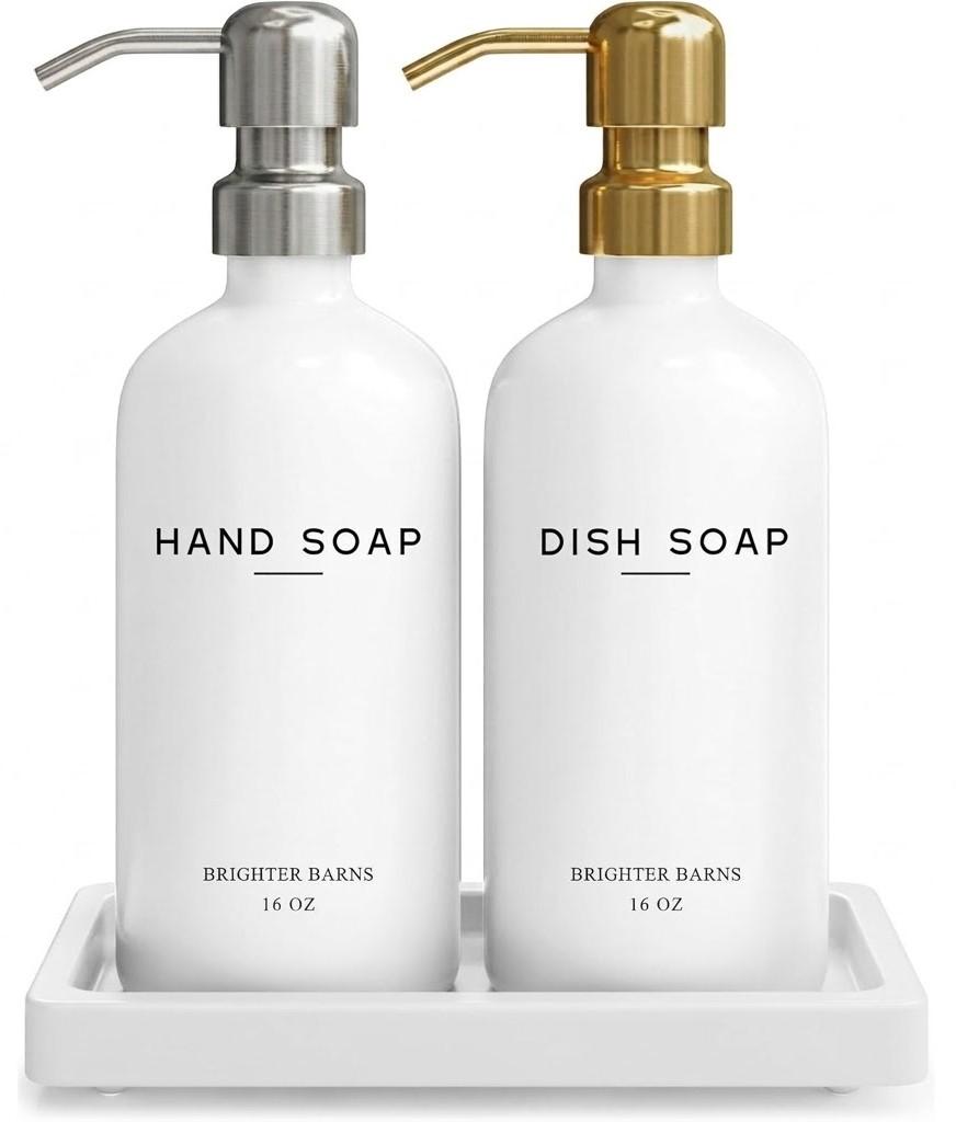 Luxury Glass Hand and Dish Soap Dispenser Set by Brighter Barns - Kitchen Soap Dispenser Set with Tray for Kitchen Sink - White and Gold Home Accessories & Decor for Restaurants, Airbnb, Gift