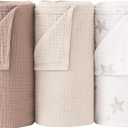 Bearmoss Muslin Swaddle Blankets, 40 x 38 inches Baby Swaddle for Boys and Girls, Soft Baby Blanket, 3 Pack Breathable Nursery Receiving Blankets (Beige Star)