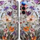 DEENAKIN for Samsung Galaxy S25 Wallet Case with Card Holder + Cash Clip, RFID-Blocking, Military-Grade Protection & UV-Printed Artwork, Magnetic Closure with Leather Kickstand - Marbled Floral Veins