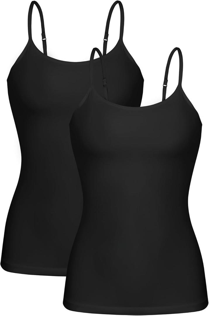 Women's Camisole Built-in Shelf Bra Adjustable Spaghetti Straps Tank Top Pack, 2 Pk Black / Black, X-Large