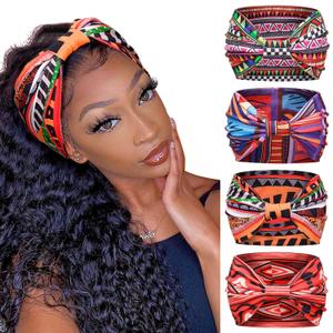 Huachi Wide Headbands for Women Boho Workout Head Bands for Womens Hair African Knotted Non Slip Headwrap Turban Sport Yoga Girls Bandeau Hair Accessories (Pack of 4) (Printed 2)