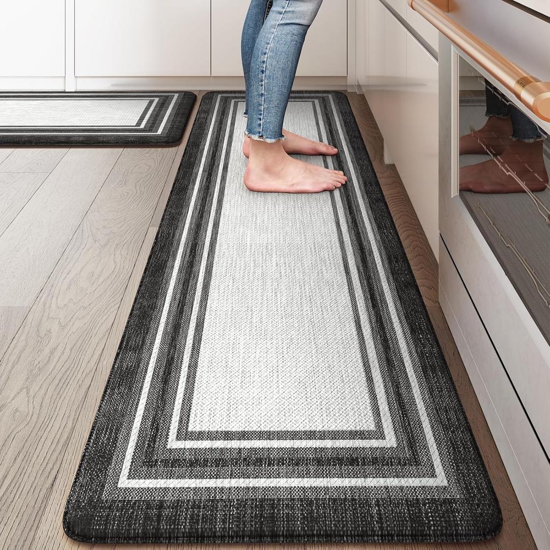KIMODE Anti Fatigue Kitchen Mats,Non Slip Farmhouse Kitchen Rugs Sets 2 Piece,Waterproof Kitchen Mat for Floor,Cushioned Standing Mat for Office,Laundry,Sink,Desk,Black and Grey (17.3" x 59 "+ 17.3" x 29 "--0.47 inches)