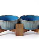 Getstar Ceramic Dog Bowls Set with Acacia Wood Stand, 3.5 Cups Pet Bowls Set of 2 for Medium Dogs, Cute Dog Food Bowl, Cat Bowls (Vintage Blue)