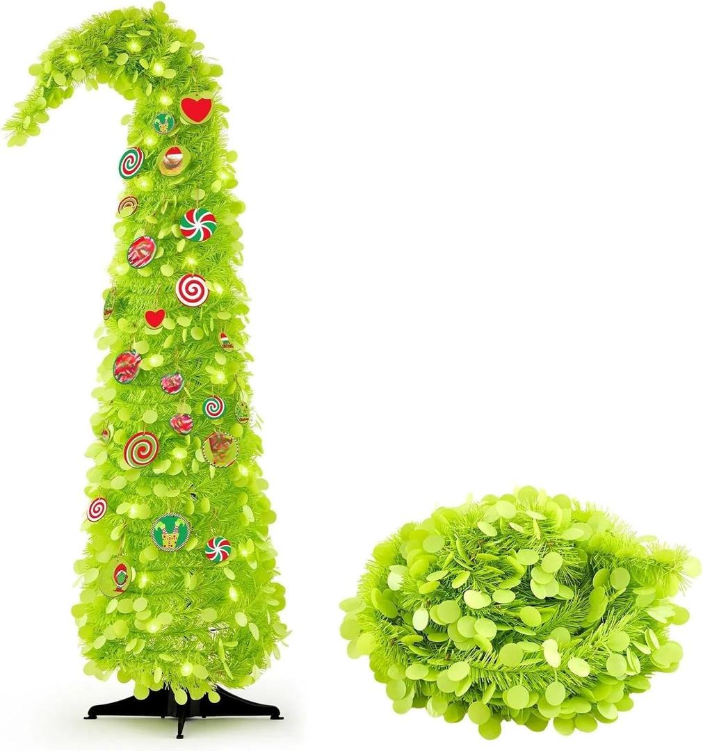 Syhood Whimsical Christmas Tree 5ft Bendable Pop up Collapsible 1 Minute Christmas Tree with 36 Wooden Ornaments for Indoor Outdoor Home Office Holiday Xmas Party Decor Supply