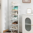 Varhomax White Shoe Rack, 7-Tier Bamboo Vertical Shoe Shelf for Small Spaces and Corner, Wooden Tall Shoe Tower with Hooks for Entryway