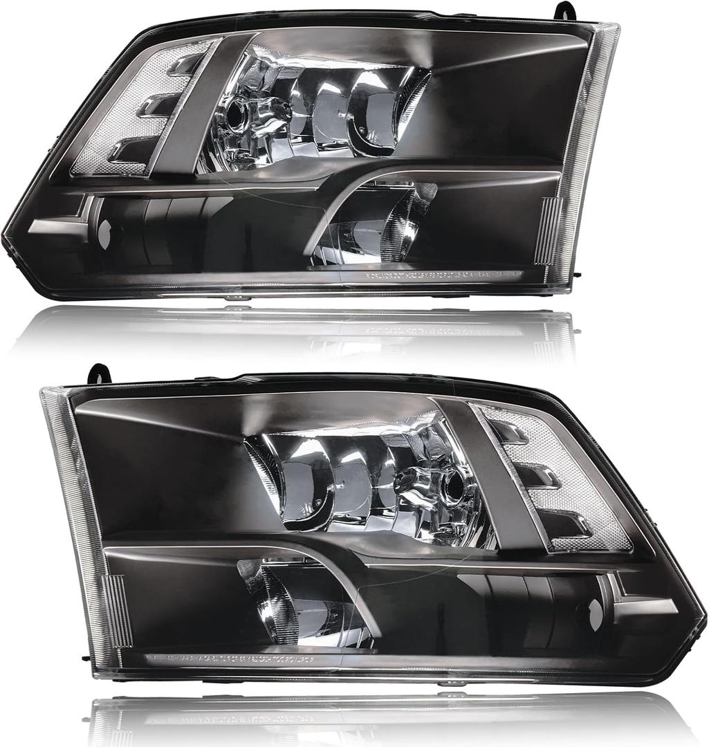 Headlights fit 09-18 Dodge Ram 1500/10-18 Dodge Ram 2500 3500 4500 5500 (Only Fit Factory Quad Style Halogen Headlamp) Black Housing Clear Reflector