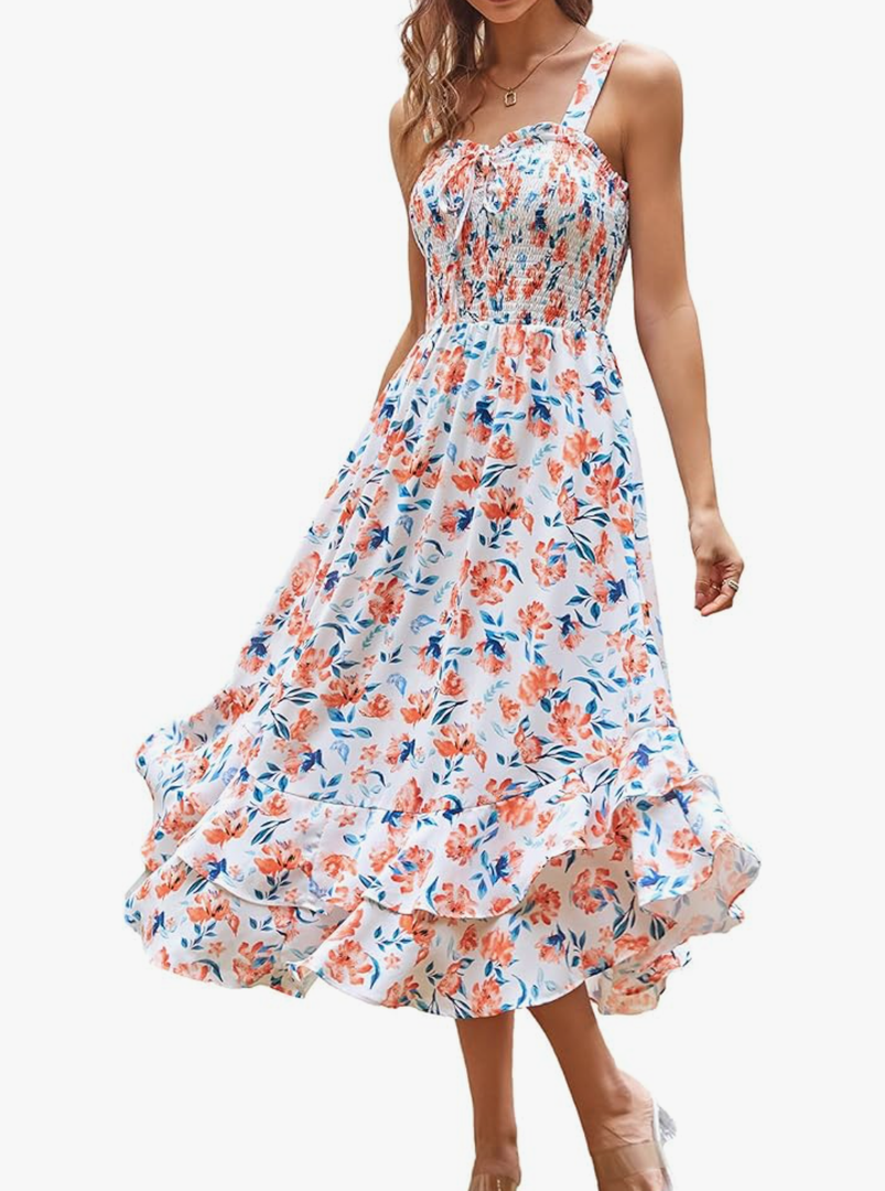 GRACE KARIN Women's 2025 Summer Floral Boho Dress Square Neck Strapped Swing A Line Sundress Beach Long Maxi Outfits Orange Floral L