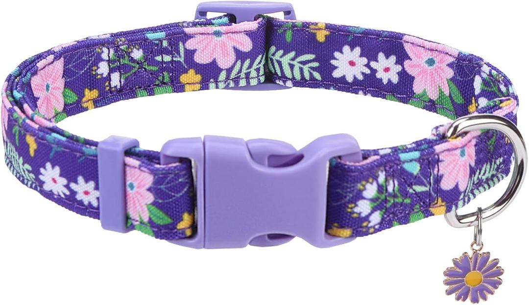 PUPTECK Cute Floral Dog Collar, Soft Cloth Fabric Dog Collars for Small Medium Large Dogs, Adjustable Puppy Collar with Pendant for Male Female Boys Girls Accessories (Purple)