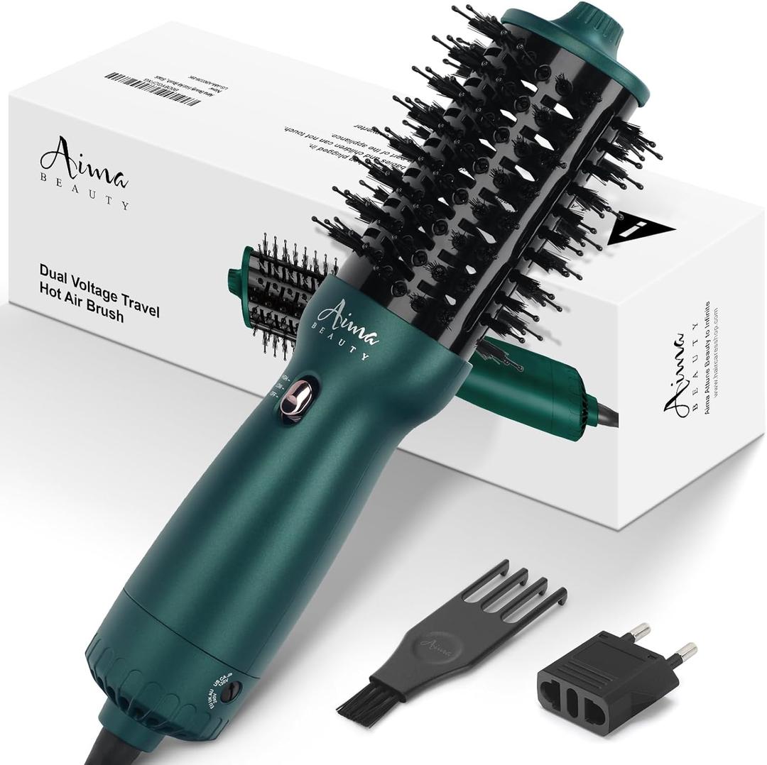 Aima Beauty Hair Dryer Brush Dual Voltage Travel Blow Dryer Brush Hot Air Brush with Oval Barrel 360Airflow for Smooth, Negative Ionic Frizz-Free Drying/Straightening/Voluming, Dark Green (2.3 Inch)