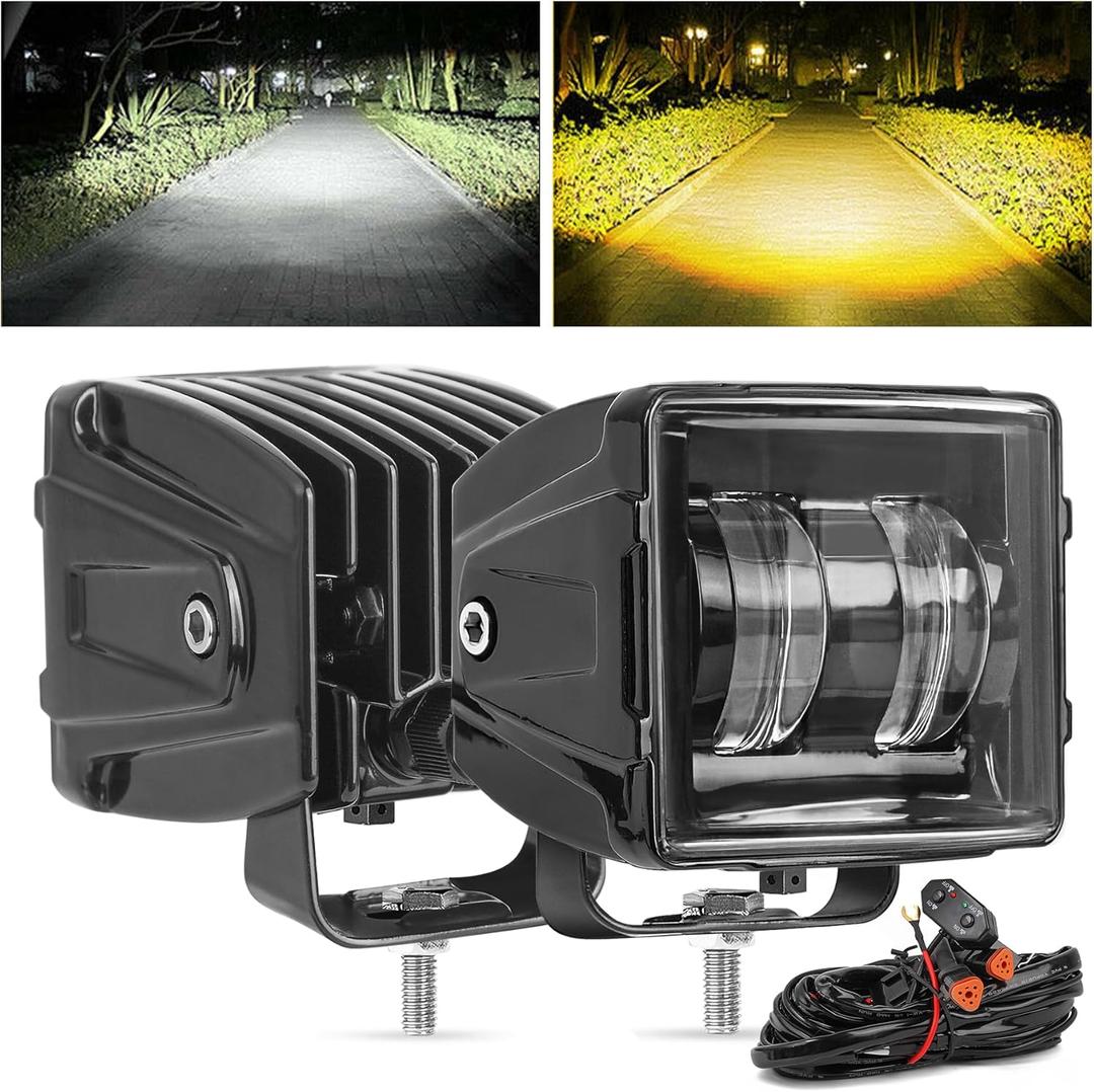 3Inch 100W Dual Color Cube LED Pod Lights with With DT Plug Wiring Harness Kit, White Off road & Amber Square Fog Lamp, Flood Hood Ditch Light Fit for Trucks Jeep SUV SXS Ford F150 Tacoma Raptor