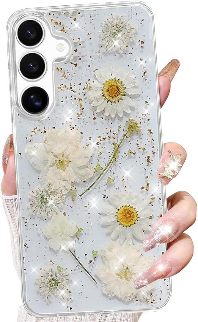 Changjia for Samsung Galaxy S25 Clear Glitter Floral Case, Cute Pressed Dried Real Flowers Design Bling Sparkly White Floral Soft TPU Bumper Shockproof Women Girls Protective Case for Galaxy S25,White