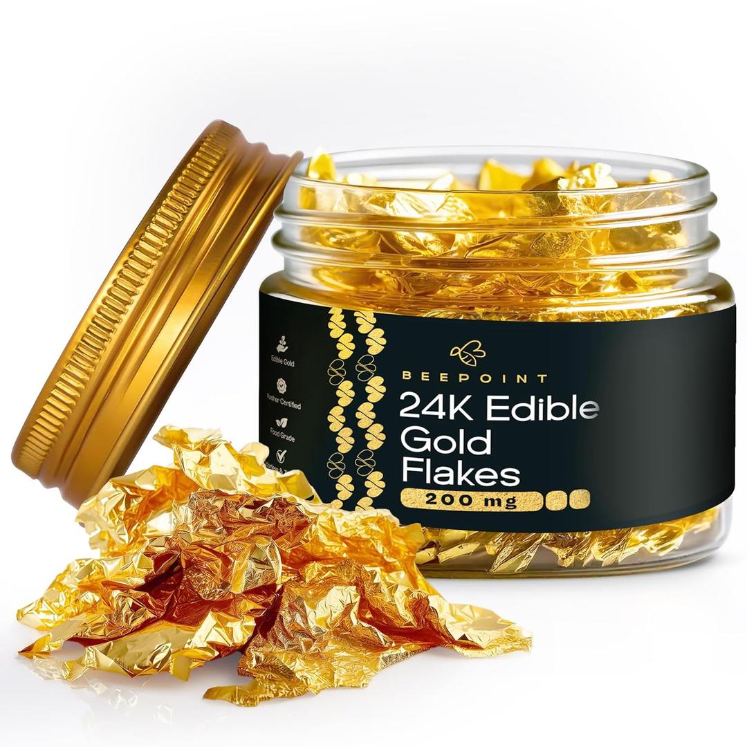 24K Edible Gold Foil Flakes - 200mg Gold Flakes for Cake Decorating, Baking, Cooking, Cupcakes, Chocolates, Drinks - Edible Gold Sheets