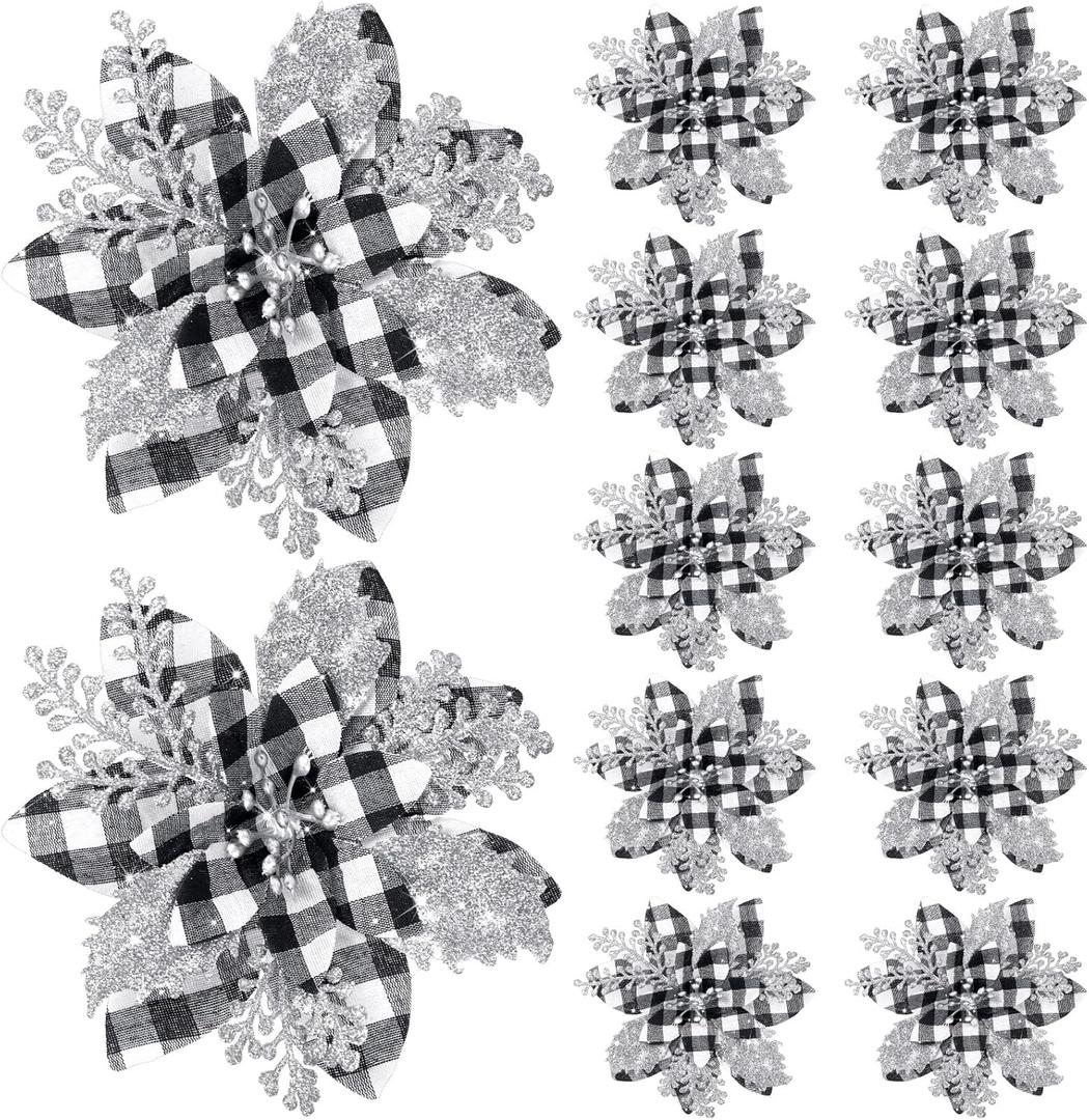 12 Pieces 5.7 Inch Christmas Poinsettia Flower Christmas Glitter Artificial Flower with Clips Xmas Tree Ornament for Wreath Garland Party Decor (Black and White Buffalo with Silver Petals)