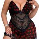 Alrovetoney Women Plus Size Babydoll Lingerie Lace Chemise Mesh Sleepwear Strappy Sexy Nightgown Boudoir Outfit 1XL