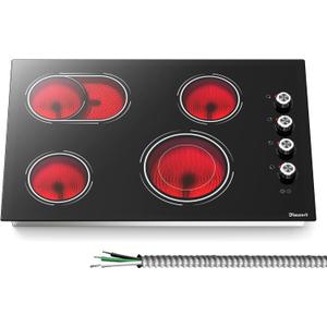 Electric Cooktop 30 Inch - 4 Burner Powerful Glass Electric Stove Top 6700W, 30 Inches Built-in Ceramic Stovetop with Dual & Expanded Ring, Knob Control, 220V - 240V Hard Wire(No Plug)