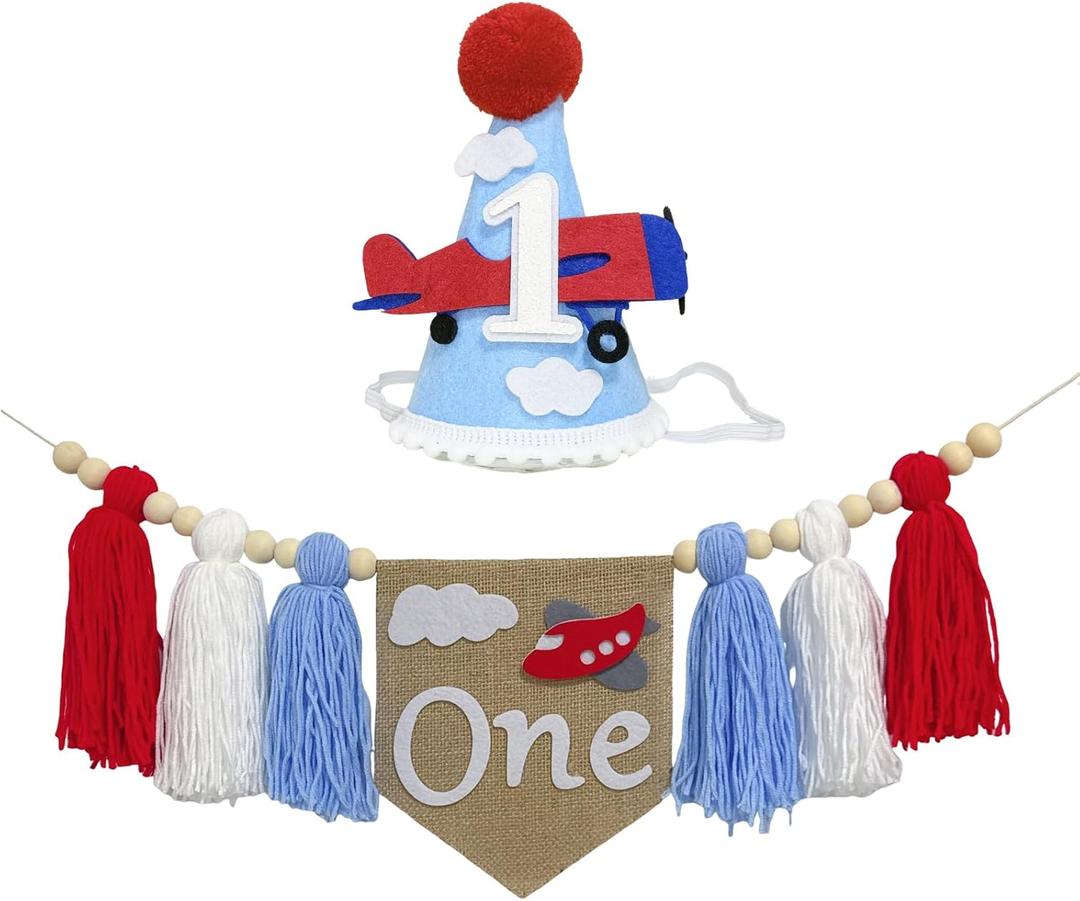 Airplane 1st Birthday Party Decorations for Boy Airplane High Chair Banner with Cone Hat for Time Flies Airplane Theme Boys First Birthday Decorations (Red Blue Airplane)