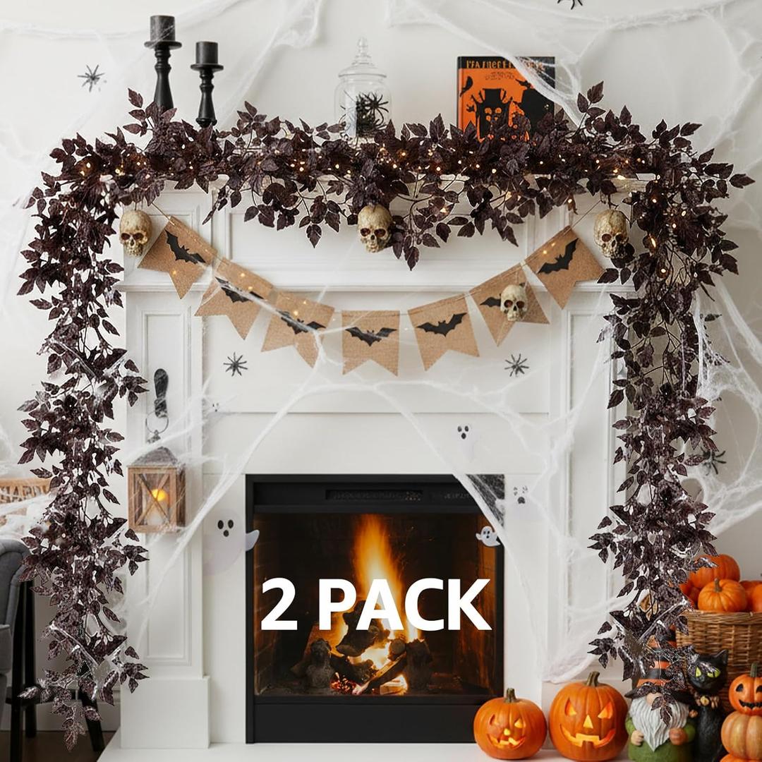 Neutral Fall Garland for Mantle Fireplace - 2 Pack 12 Ft Plum Cimicifuga Seeded Leaf Garlands Purple Autumn Dcor Table Decorations for Home Indoor Door Halloween Realistic Leaves Garlands Outdoor