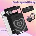 (2in1 for Google Pixel 7 Case for Women Cute Girls Love Heart Cool Phone Cover Black Heart Girly Pretty Kawaii Design with Camera Cover+ Ring Stand for Google Pixel 7 Phone Case